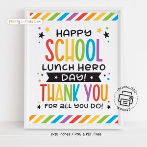 Afdrukbaar bord schoollunch heldendag, poster personeel waardering cafetaria, regenboog bedankbord voor decor lunchroom, pdf, JPG downloaden