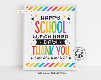 School Lunch Hero Day Sign Printable, Cafeteria Staff Appreciation Poster, Rainbow Thank You Sign for Lunchroom Decor, PDF JPG Download