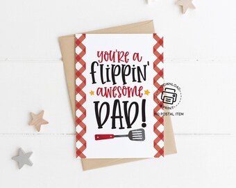 Father's Day Greeting Card Printable, You’re a Flippin’ Awesome Dad Card, BBQ Theme, Funny Grill Card Instant Download, Red Plaid Design