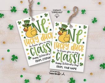 One Lucky Duck St Patricks Day Tag, Rubber Duck Tags, Happy St Patricks School Classroom Party Lucky Duck Gift Tags For Kids