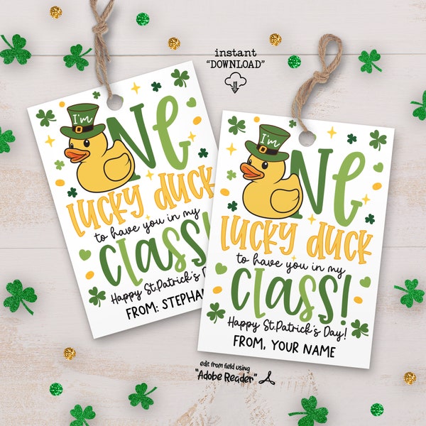 One Lucky Duck St Patricks Day Tag, Rubber Duck Tags, Happy St Patricks School Classroom Party Lucky Duck Gift Tags For Kids