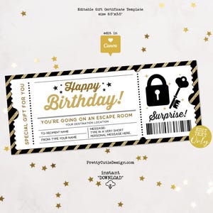 Escape Room Geschenkgutschein bearbeitbare Vorlage, Geburtstagsüberraschungsticket, Escape Room Geschenkgutschein druckbar, Geburtstagsgutscheinvorlage