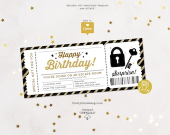 Escape Room Gift Certificate Editable Template, Birthday Surprise Ticket, Escape Room Gift Voucher Printable, Birthday Coupon Template
