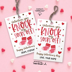 Valentine Sock Tags, Knock Socks Off Valentine Socks Gift Tag, Classroom Valentines Gift Tags, Teacher Valentine Day Gift Printable Tag