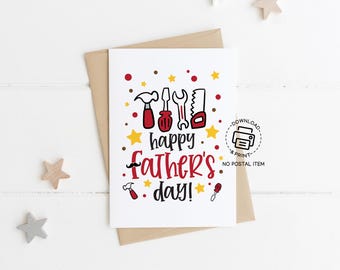 Father's Day Greeting Card Printable, Happy Father’s Day Tool Theme Card Instant Download, Red and Yellow DIY Dad Card, Cute Fix-It Card