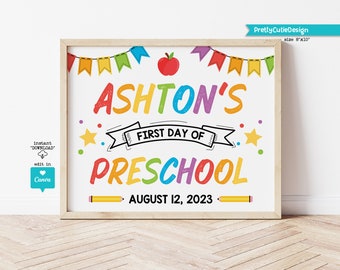 Editable First Day of Preschool Sign Template, Personalized Back to School Photo Prop, Printable First Day of School, Instant Download