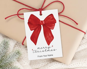 Christmas Gift Tags, Red Bow Watercolor, Classic Holiday Present Labels, Minimal Wrapping Accents
