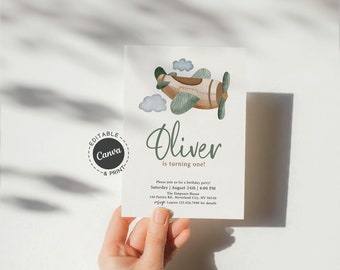 Airplane First Birthday Invitation, Vintage Plane Birthday Party Invite for Boy, Printable One Year Old Birthday Card, Travel Theme Invite