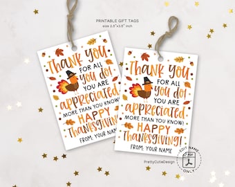 Thanksgiving Gift Tags Printable: Turkey Teacher Appreciation Favor for Staff and Coworker