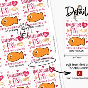 Cute pink fish valentine gift tag printable with whimsical lettering, heart accents, and space for a child’s name, ideal for printing at home, trimming, and clipping onto kraft lunch bags filled with candy or toys for classmates, neighbors, and school party favors.