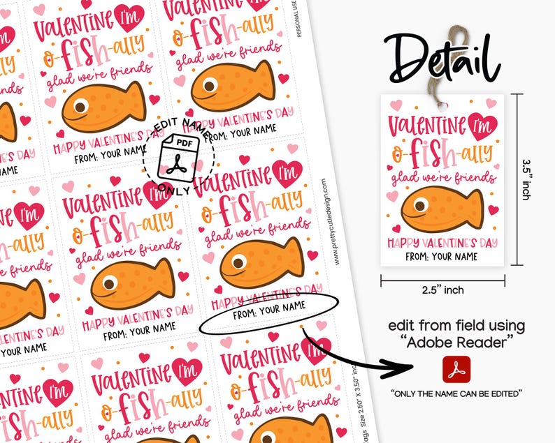 Cute pink fish valentine gift tag printable with whimsical lettering, heart accents, and space for a child’s name, ideal for printing at home, trimming, and clipping onto kraft lunch bags filled with candy or toys for classmates, neighbors, and school party favors.
