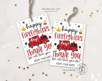 Firefighter Appreciation Tags Printable, Happy Firefighters Day Gift Tags, Fire Truck Thank You Tags, Firefighter Treat Bag Tags Download