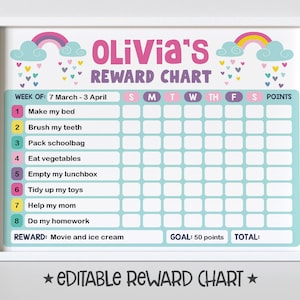 Rainbow Reward Chart for Kids, Simple Kids Editable Reward Chart - Digital Template INSTANT DOWNLOAD