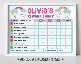 Rainbow Reward Chart for Kids, Simple Kids Editable Reward Chart - Digital Template INSTANT DOWNLOAD
