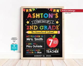 First Day of School Sign, Editable and Reusable Back to School Sign Template, Colors of The Rainbow First Day of 2nd Grade Chalkboard Sign