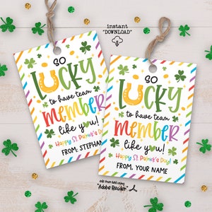 Może przedstawiać: Dwie drukowane etykiety prezentowe w temacie Dnia Świętego Patryka. Etykiety są białe z kolorowymi paskami i przedstawiają koniczynę, podkowę i tekst "So Lucky to have team member like you! Happy St. Patrick's Day!" Jedna etykieta mówi "From: Stephan", a druga "From: Your Name".