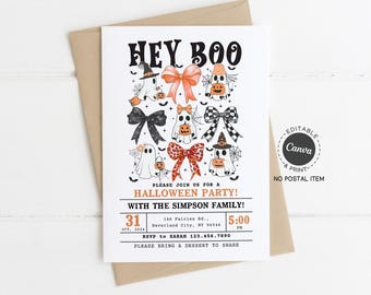 Halloween Party Invitation Printable, Hey Boo Ghost Invite, Editable Canva Template, Cute Bow and Witch Hat Halloween Card, Digital Download