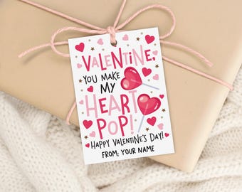 Valentine Heart Pop Gift Tags, Lollipop Classroom Favor Printable For Kids, Digital Download