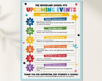 Upcoming School Events Flyer Canva Template, Editable PTO PTA Calendar