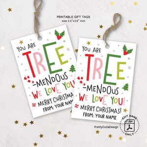 Puede incluir: Dos etiquetas de regalo imprimibles blancas con el texto "You are TREEmendous, We love you, Merry Christmas!" en rojo, verde y rosa. Cada etiqueta mide 6,35 cm x 8,89 cm y tiene una cuerda marrón.