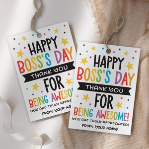 May include: Two white gift tags with the text "HAPPY BOSS'S DAY" in colorful letters. The tags also say "THANK YOU FOR BEING AWESOME!" with space to write a name. Each tag has a string for hanging.