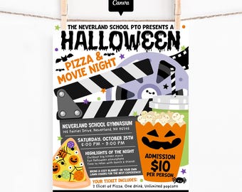 Halloween Movie Night Flyer Template: Pizza Party Poster, Editable Canva School Event Invitation