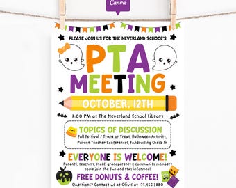 Halloween PTA PTO Meeting Flyer Printable, Editable Back to School Parent Teacher Meeting Sign, October School Event Poster, Canva Template