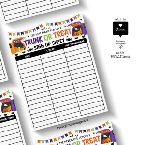 Editable Halloween sign up sheet for trunk or treat events with cute Halloween-themed illustrations, perfect for school coordinators or parents organizing classroom celebrations or parking lot candy giveaways.
