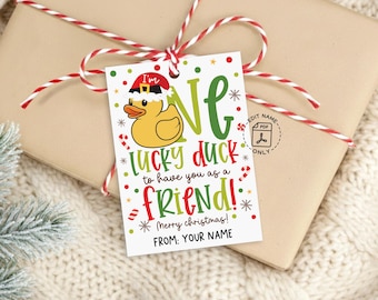 Rubber Duck Christmas Gift Tags Printable, One Lucky Duck Friend, Funny Holiday Labels