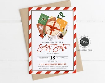 Secret Santa Invitation Template: Gift Exchange, Red Stripe, Editable Canva, 5x7 Printable (Digital)