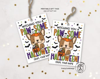 Halloween Dog Gift Tags: Witch Puppy Favor Labels (Printable PDF)