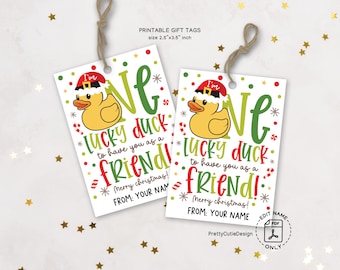 Rubber Duck Christmas Gift Tags Printable, One Lucky Duck Friend, Funny Holiday Labels