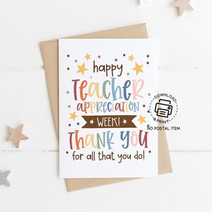Carte imprimable de la semaine d'appréciation des enseignants, carte de remerciement pastel pour les enseignants, voeux de téléchargement immédiat pour le cadeau de l'enseignant, carte du personnel de l'école