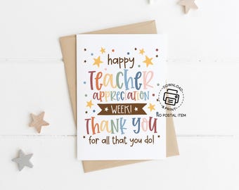 Printable Teacher Appreciation Week Card, Pastel Thank You Card for Teachers, Instant Download Greeting for Teacher Gift, School Staff Card