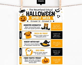 Halloween Spirit Week Poster: School Dress-Up Days Canva Template (Digital Download)
