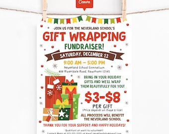 Gift Wrapping Fundraiser Flyer, Canva Template, School PTO Christmas Event Poster