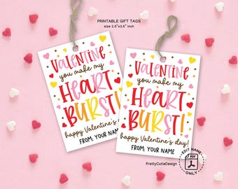 Candy Valentine Gift Tag Printable, You Make My Heart Burst Valentines Day Tags, Classroom Valentine Favor Tag, Kids Classroom Exchange Tags
