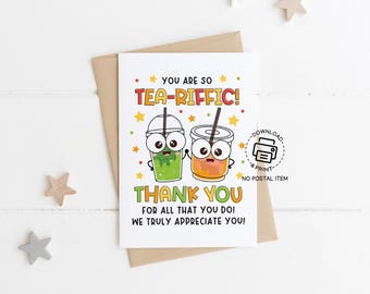 Teacher Appreciation Card Printable, You Are So Tea-Riffic Thank You Card, Bubble Tea Theme, Cute Teacher Thank You Note, Instant Download