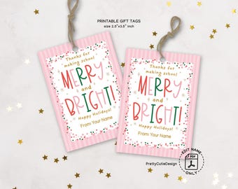 Teacher Christmas Gift Tags, Merry and Bright, Pink Printable Holiday Labels