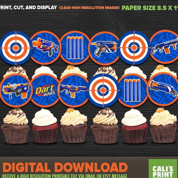 Dart Wars Cupcake Topper imprimible - Dart Gun Party Kit - Descarga instantánea