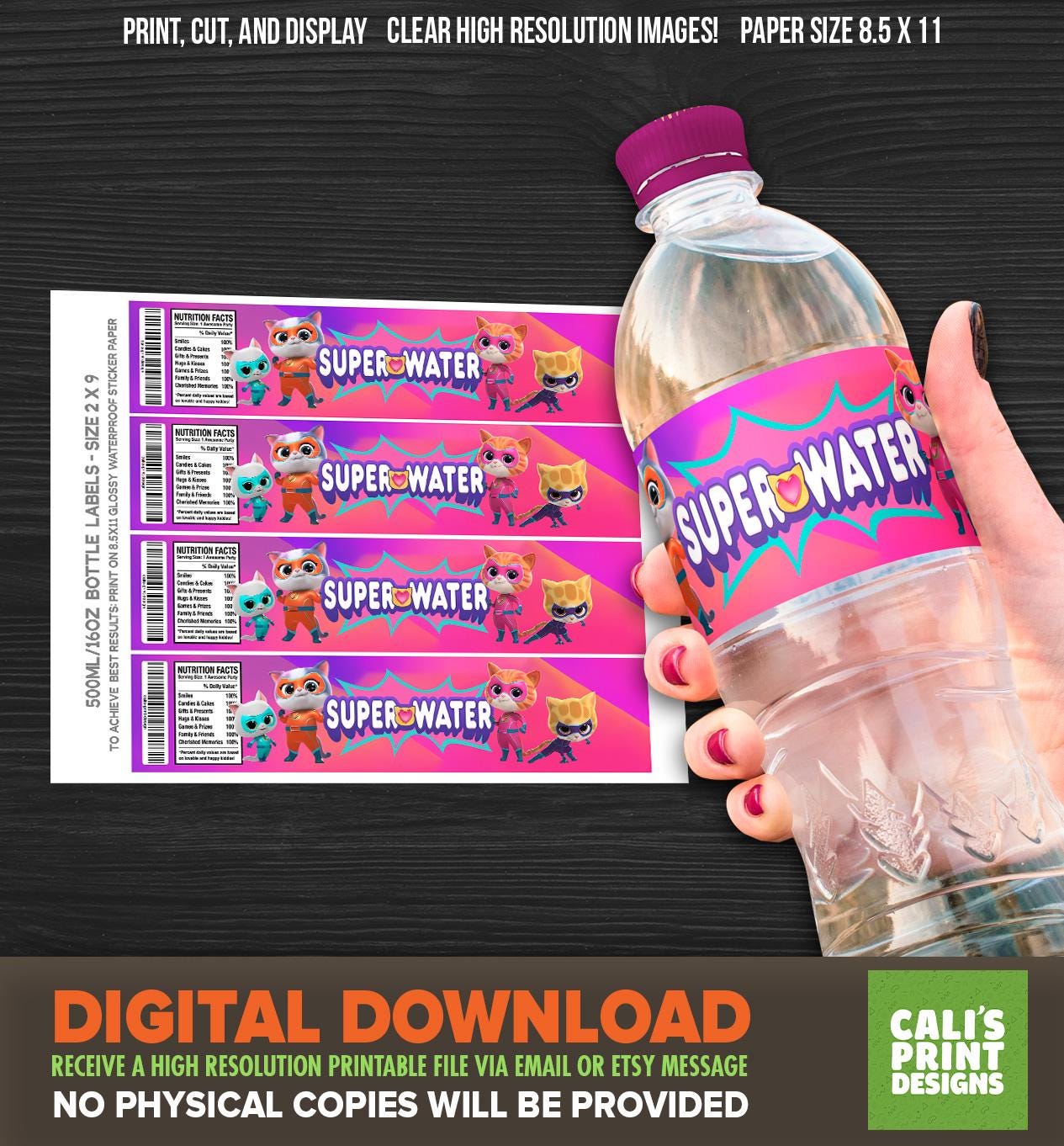Printable Super Cat Water Bottle Labels Super Kitties Birthday Super ...