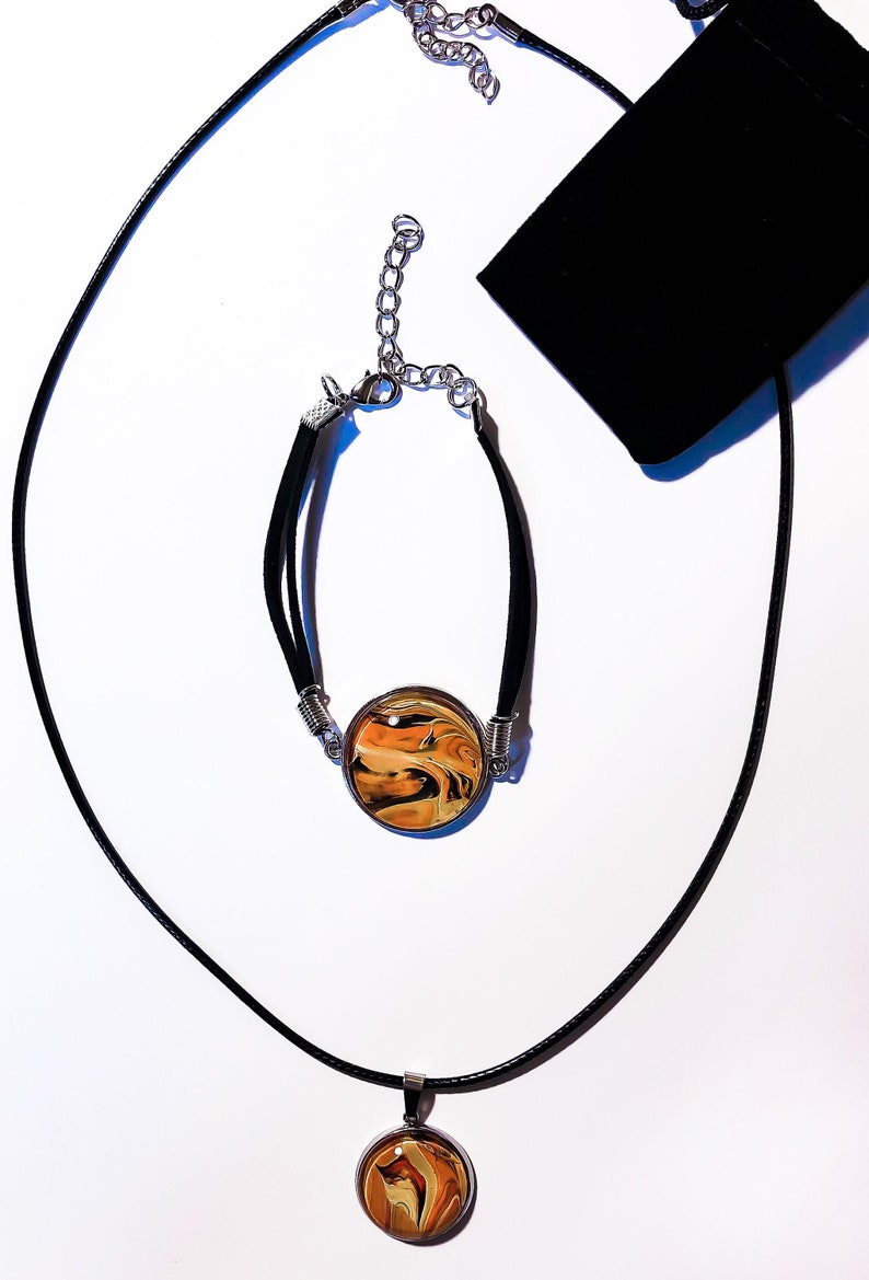 Handcrafted 2-Piece Jewelry Set Acrylic Orange Black and Tan Abstract Swirl Design 19 Necklace /& Bracelet set!