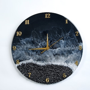 Relógio preto de resina, arte de parede epóxi, arte de onda de resina, presente para amantes do oceano, presente de inauguração, relógio de resina, presente para casa, presente para a mãe, arte de parede de resina