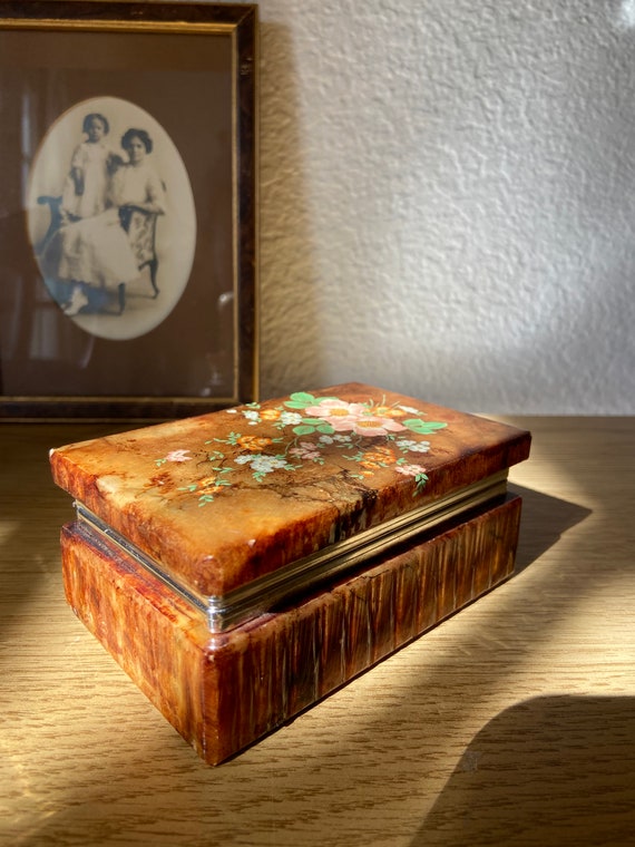 1960s carved stone Italian floral keepsake box