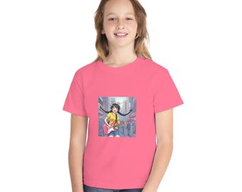 Cool Guitar Girl Youth Midweight Tee, Kids Music Shirt, Perfect for Summer, Gift for Aspiring Musicians, Concert Outfit, Birthday Present