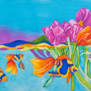 Yoga in the Yucatan- Hand Painted Watercolor Underwater Fish Colorful Poppy Flowers Floral Ocean Sea Beach Rainbow