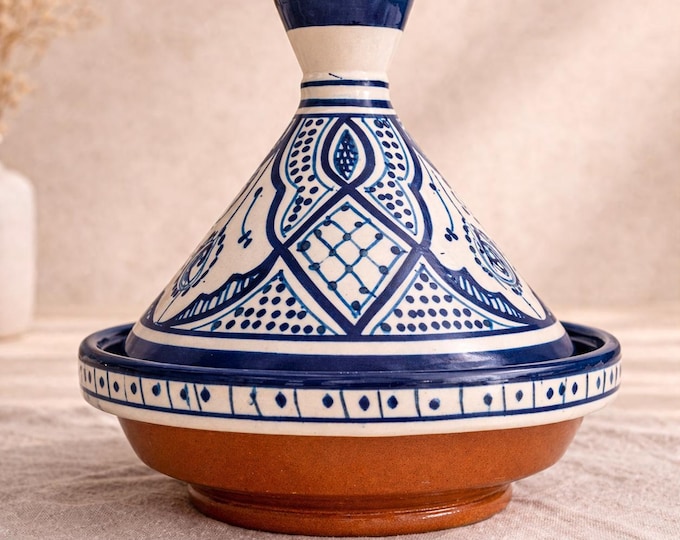 Marokkaanse tajine decoratieve serveerschaal | Blauwwitte keramische tajine | Decoratie | Tafelstuk | Housewarmingcadeau