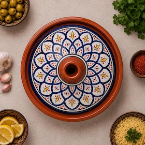 May include: Overhead shot of a traditional Moroccan tagine pot with a decorative lid. The lid features a blue, white, and yellow geometric pattern. Surrounding the tagine are bowls of olives, couscous, saffron, and lemon slices.