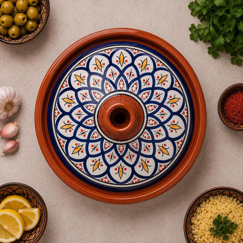 May include: Overhead shot of a traditional Moroccan tagine pot with a decorative lid. The lid features a blue, white, and yellow geometric pattern. Surrounding the tagine are bowls of olives, couscous, saffron, and lemon slices.