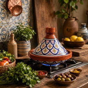 May include: A traditional Moroccan tagine pot with a conical lid, featuring a red-brown base and lid, and a white, blue, and yellow patterned design. The tagine sits on a gas stove, surrounded by fresh ingredients like herbs, olives, and spices, suggesting a culinary theme.
